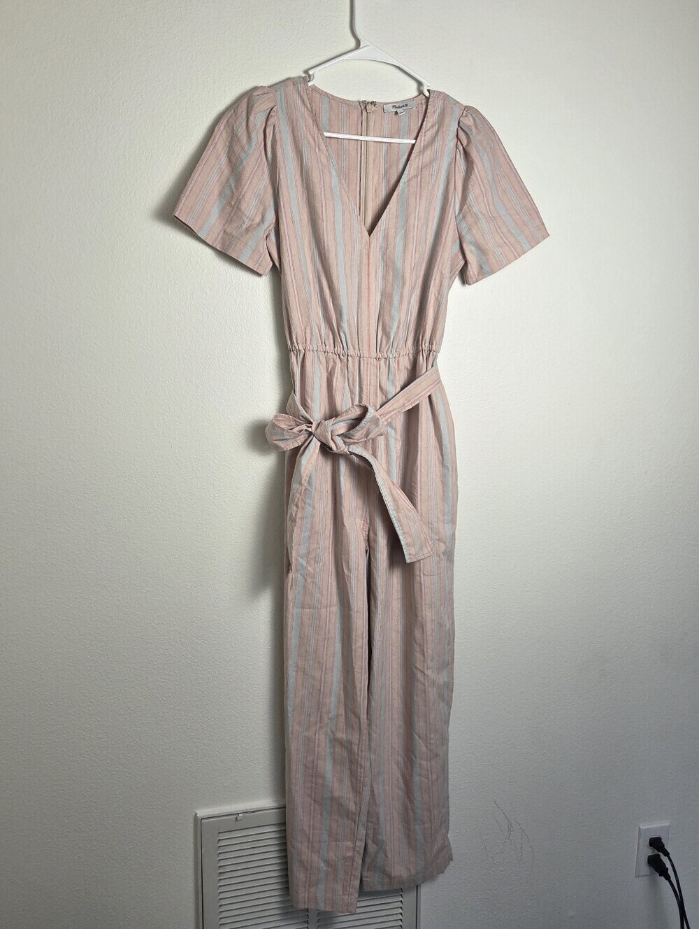 Madewell Puff-Sleeve Tapered Jumpsuit Stripe Belted In Pink & Mint Size 4